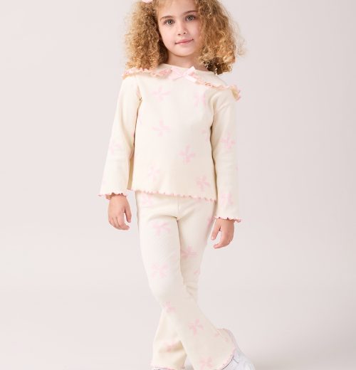 Girls Bow Print Frilly Collar Top & Leggings Set (2-6Y)