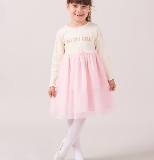 Girls Glitter "Pretty Girl" Bow Print Full Sleeve Dress (2-6Y)