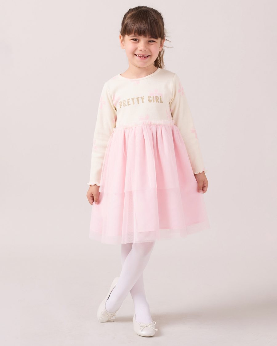 25515 1 scaled Girls Glitter "Pretty Girl" Bow Print Full Sleeve Dress (2-6Y)