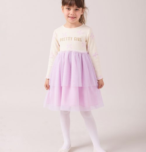 Girls Glitter "Pretty Girl" Bow Print Full Sleeve Dress (2-6Y)