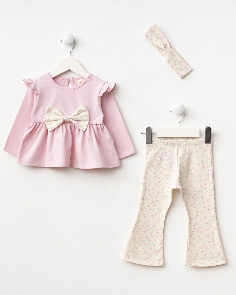 25517 1 scaled Baby Girls Floral Print Bow Top & Floral Leggings Set with Headband (9M-3Y)