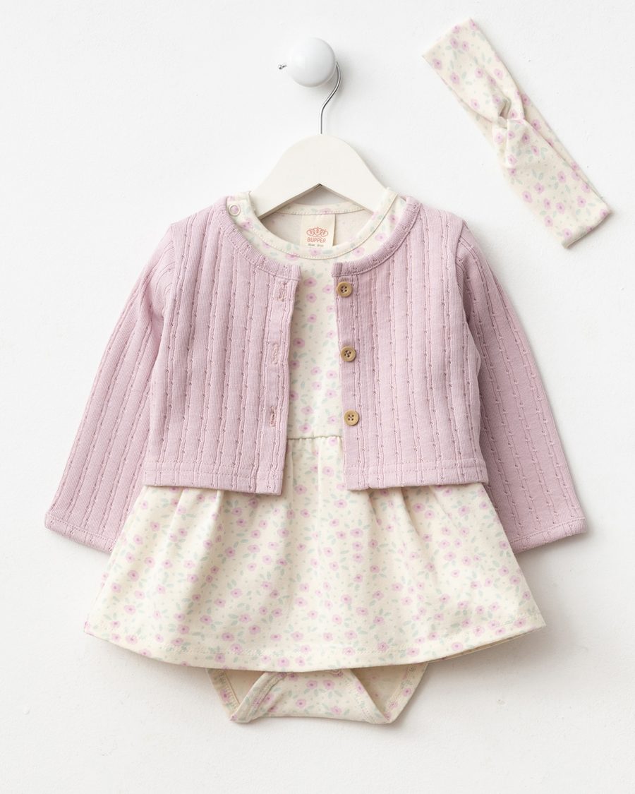 25519 4 scaled Baby Girls Floral Print Romper Dress with Cardigan Set with Headband (6-18M)