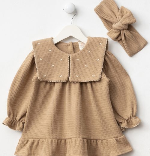 Baby Girls Heart Embroidered Embossed Full Sleeve Dress with Headband (6-24M)
