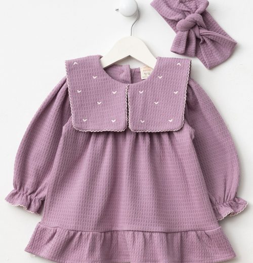 Baby Girls Heart Embroidered Embossed Full Sleeve Dress with Headband (6-24M)
