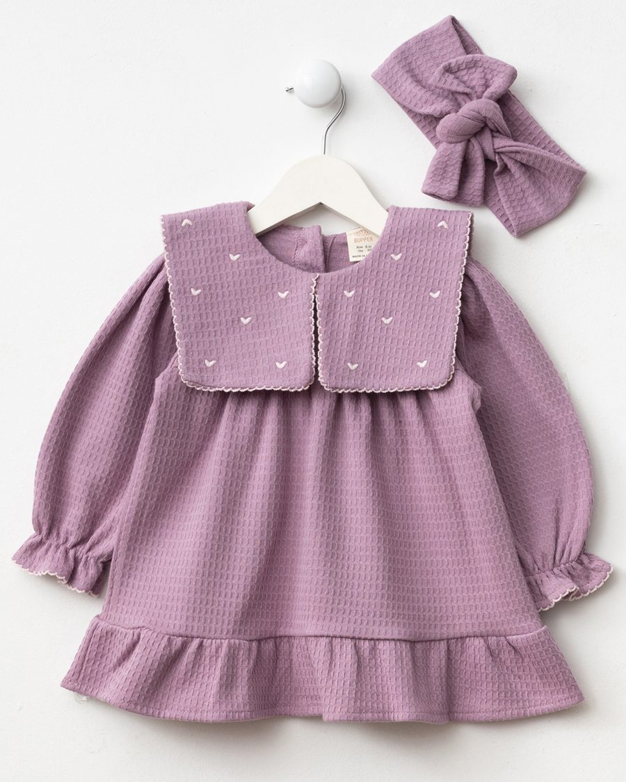 25524 11 scaled Baby Girls Heart Embroidered Embossed Full Sleeve Dress with Headband (6-24M)