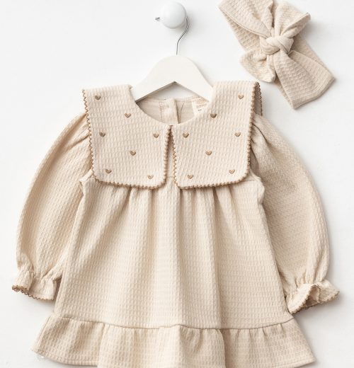 Baby Girls Heart Embroidered Embossed Full Sleeve Dress with Headband (6-24M)
