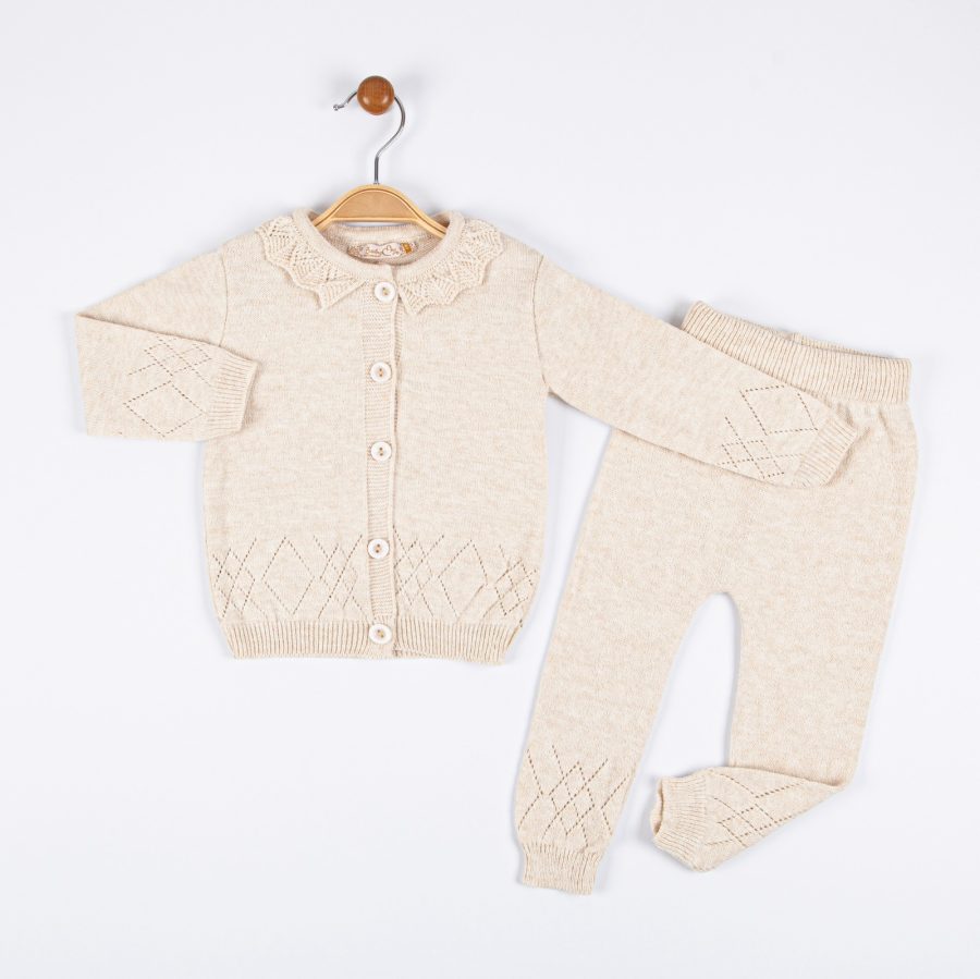4027 beige Baby Girls Frilly Knitted Diamond Cut Out Cardigan & Bottoms Set (1-3Y)