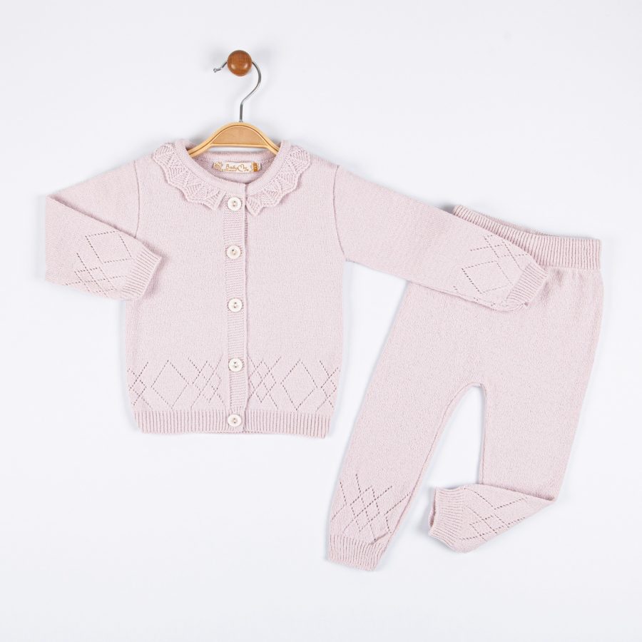 4027 pastal pink Baby Girls Frilly Knitted Diamond Cut Out Cardigan & Bottoms Set (1-3Y)