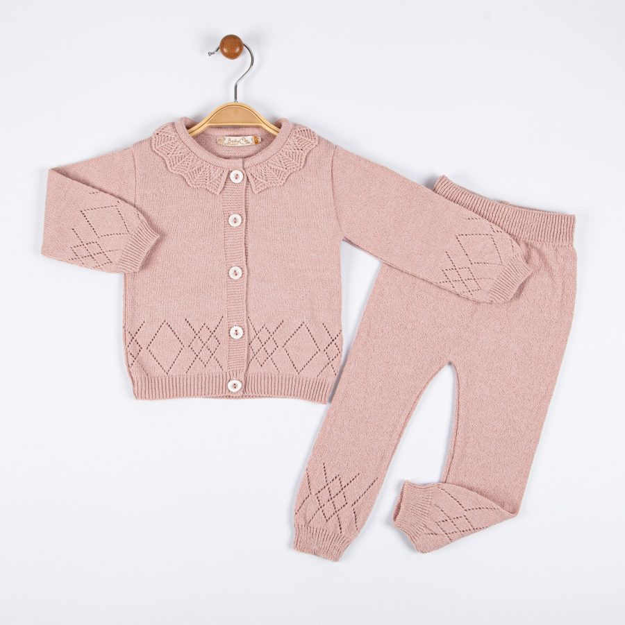 4027 pink Baby Girls Frilly Knitted Diamond Cut Out Cardigan & Bottoms Set (1-3Y)