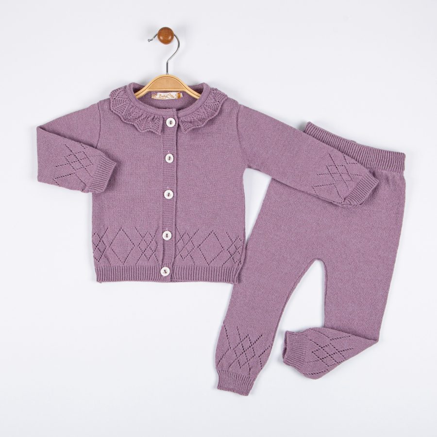 4027 plum Baby Girls Frilly Knitted Diamond Cut Out Cardigan & Bottoms Set (1-3Y)