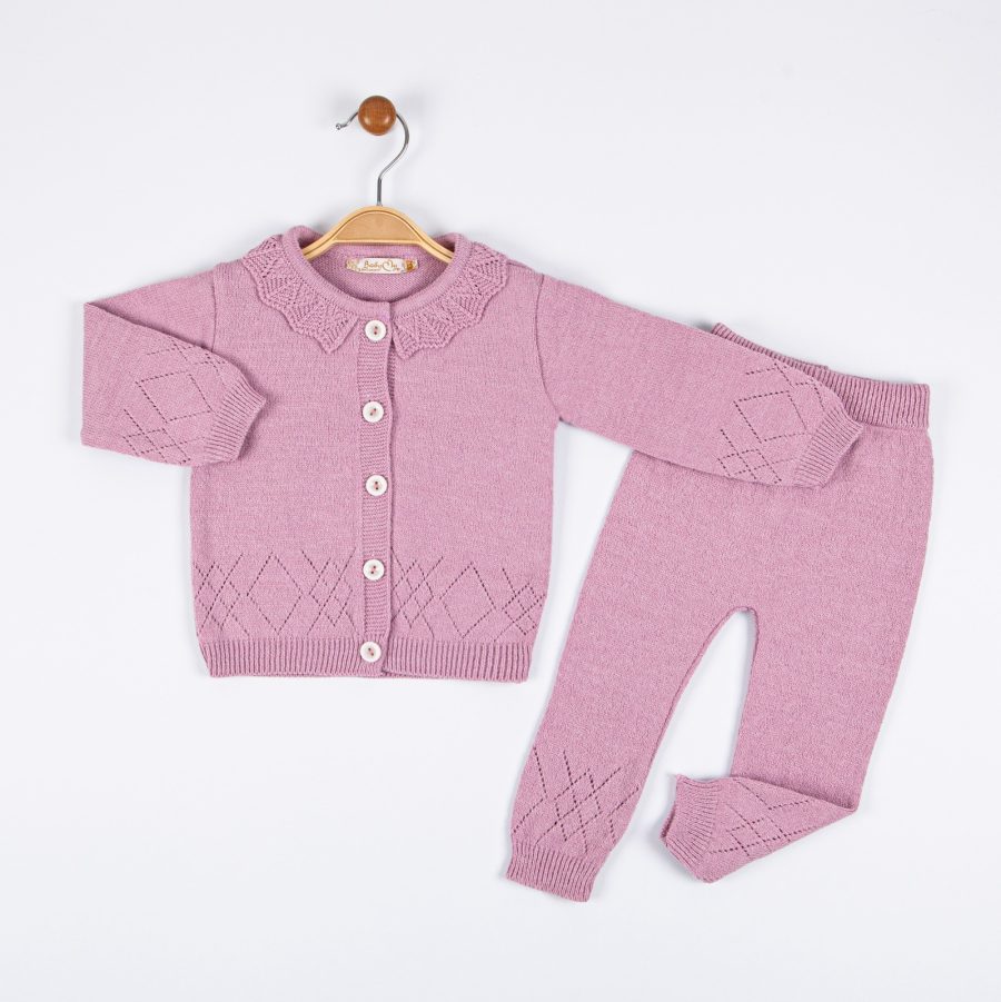 4027 rose Baby Girls Frilly Knitted Diamond Cut Out Cardigan & Bottoms Set (1-3Y)