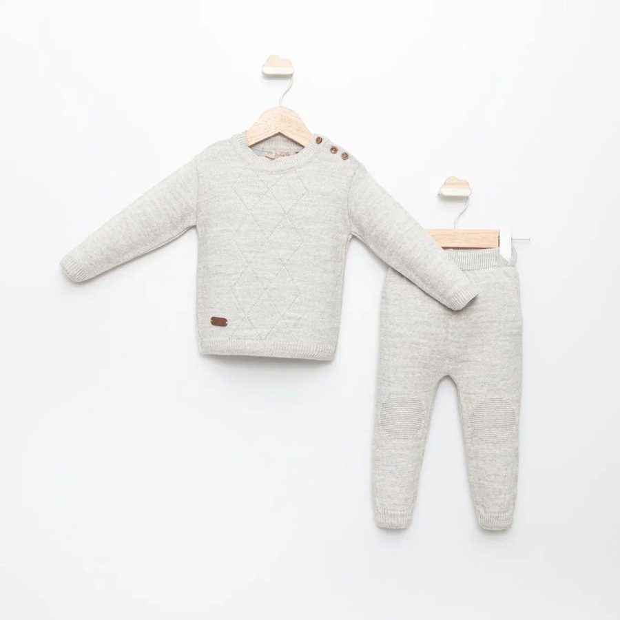 4028 grey Baby Boys Knitted Diamond Embossed Jumper & Bottoms Set (1-3Y)