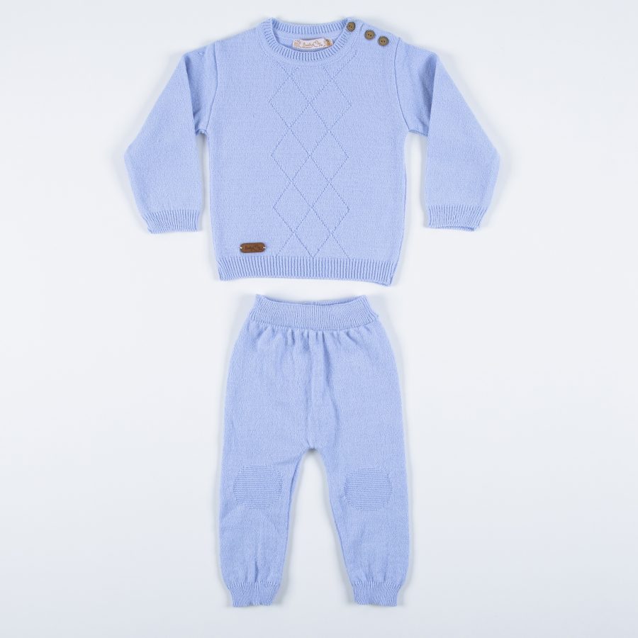 4028 sky scaled Baby Boys Knitted Diamond Embossed Jumper & Bottoms Set (1-3Y)