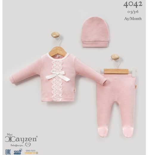 Baby Girls Two Piece Frilly Lace Bow Velour Spanish Set with Hat (0-6M)