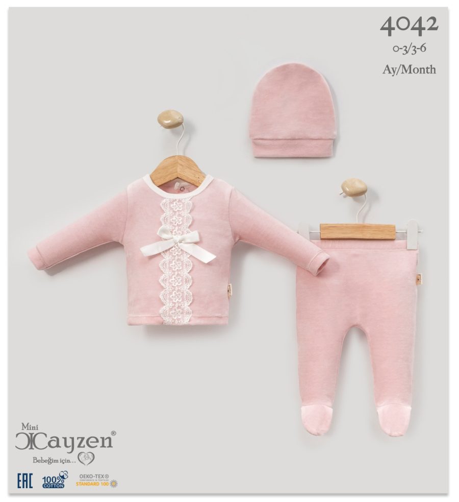 4042 pink Baby Girls Two Piece Frilly Lace Bow Velour Spanish Set with Hat (0-6M)