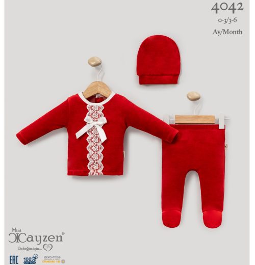 Baby Girls Two Piece Frilly Lace Bow Velour Spanish Set with Hat (0-6M)