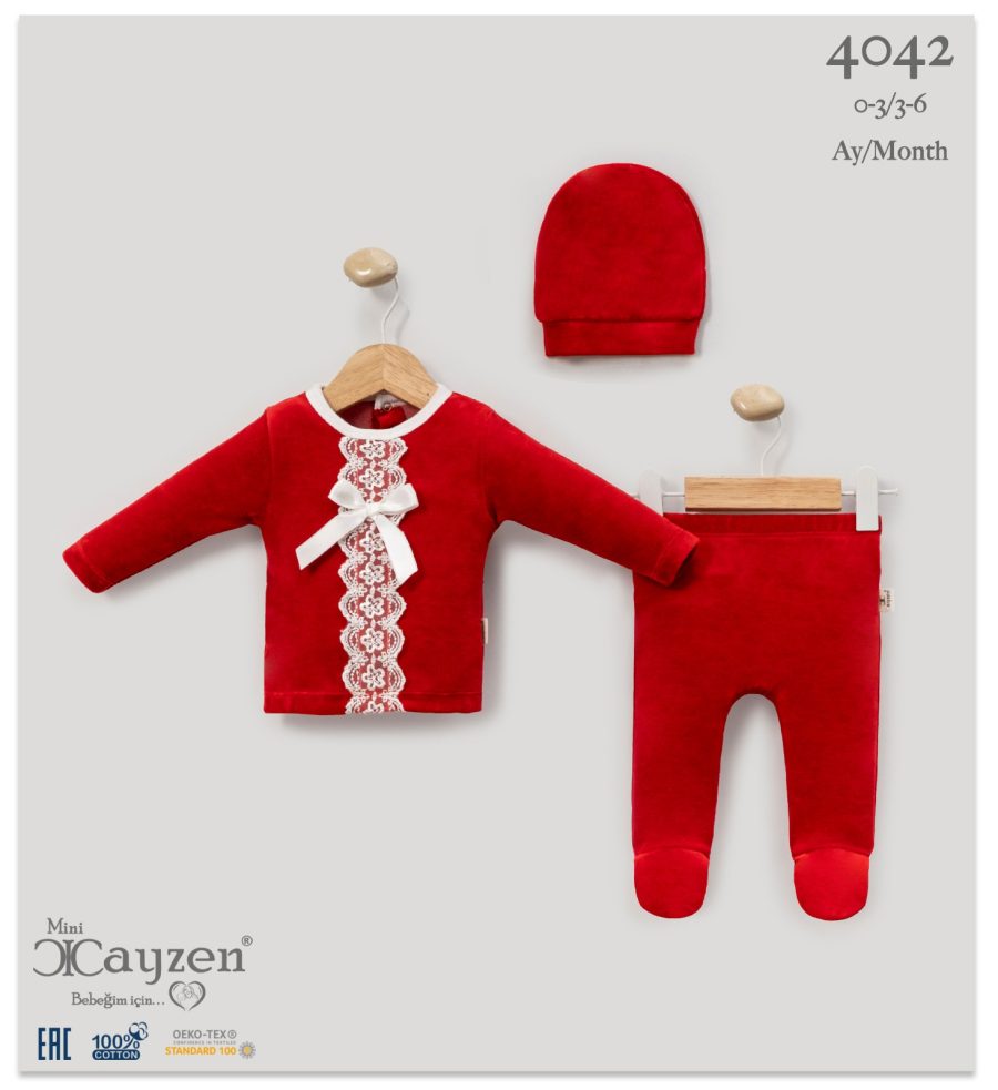 4042 red Baby Girls Two Piece Frilly Lace Bow Velour Spanish Set with Hat (0-6M)