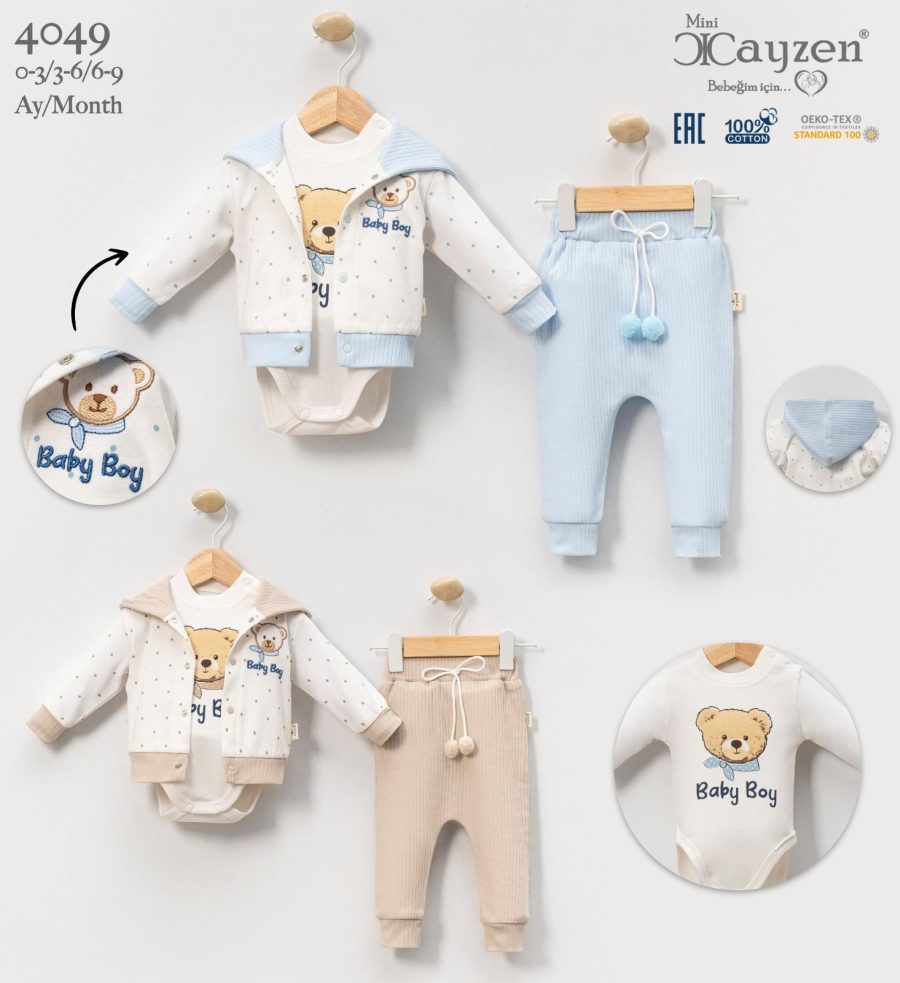 4049 Baby Boys Three Piece Polka Dot Embroidered Teddy Set (0-9M)