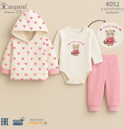 Baby Girls Three Piece Heart Print Teddy Outfit  (0-12M)