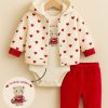 4052 red Baby Girls Three Piece Heart Print Teddy Outfit (0-12M)