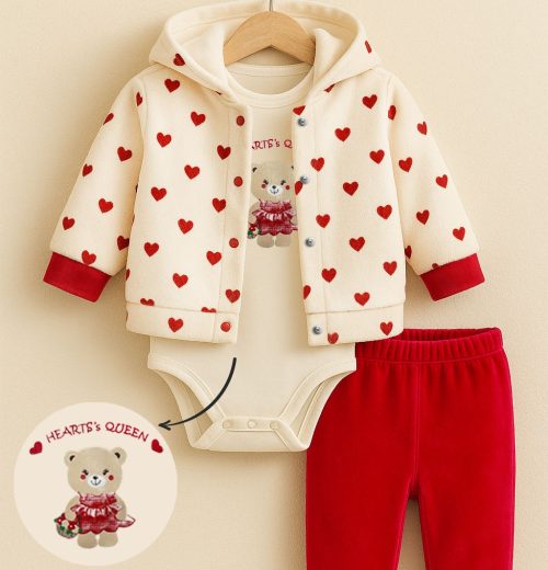 Baby Girls Three Piece Heart Print Teddy Outfit  (0-12M)