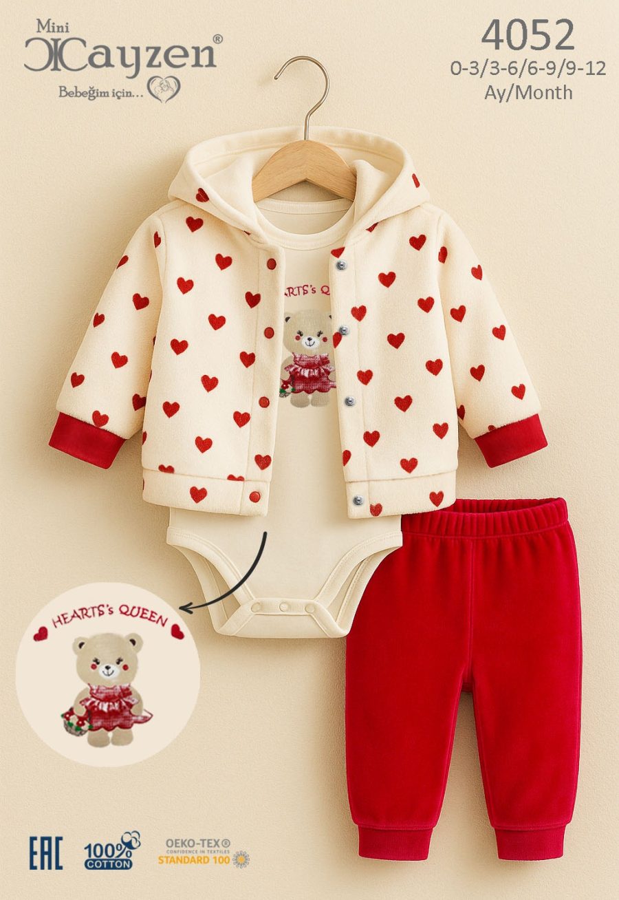 4052 red Baby Girls Three Piece Heart Print Teddy Outfit (0-12M)