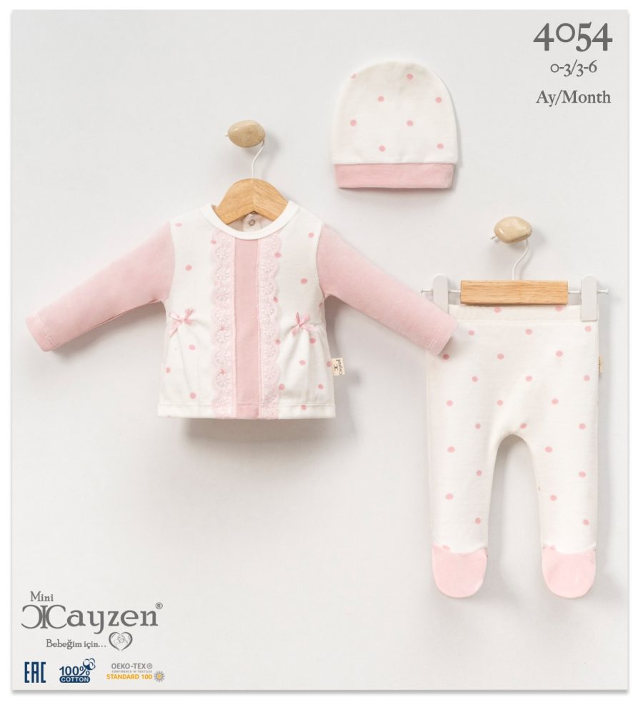 4054 PINK Baby Girls Two Piece Frilly Lace Bow Polka Dot Velour Spanish Set with Hat (0-6M)
