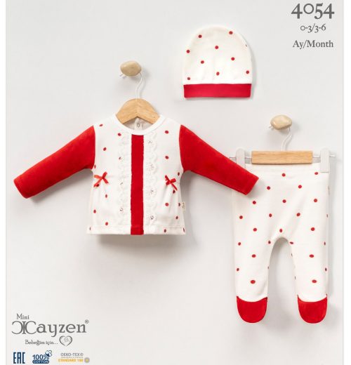 Baby Girls Two Piece Frilly Lace Bow Polka Dot Velour Spanish Set with Hat (0-6M)