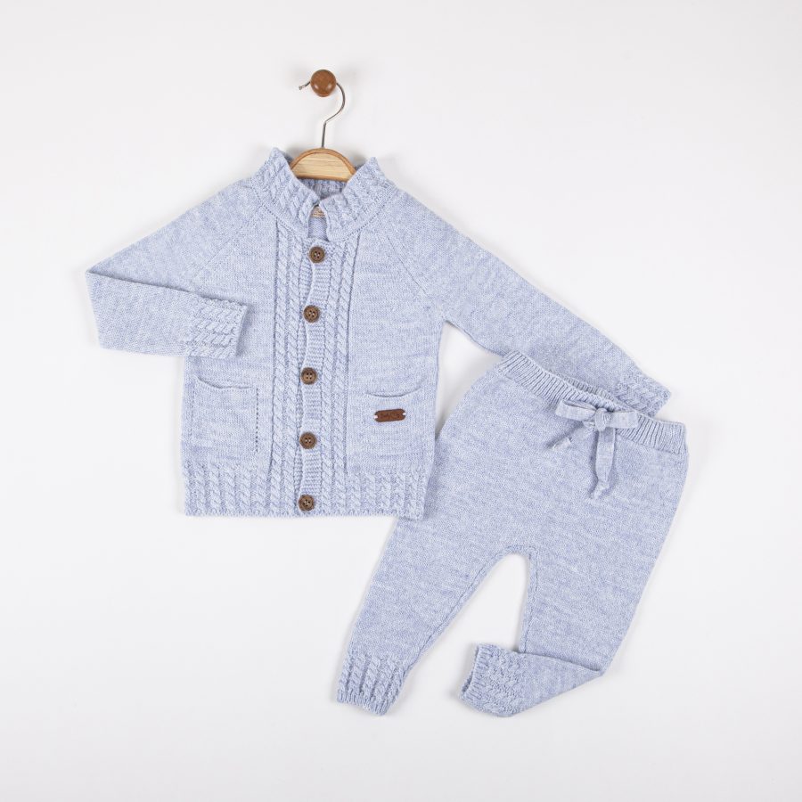 4062 BLUE scaled Baby Boys Knitted Cable Knit Embossed Cardigan & Bottoms Set (1-3Y)