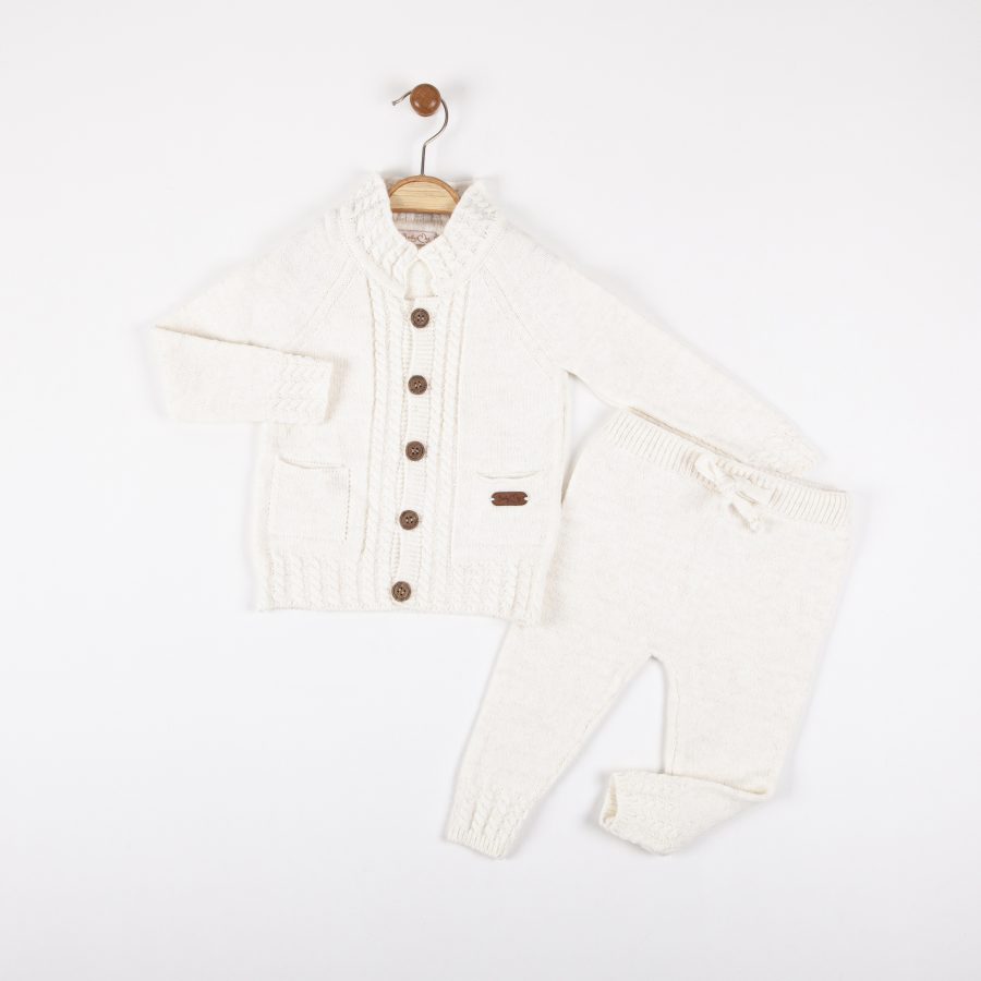 4062 CREAM scaled Baby Boys Knitted Cable Knit Embossed Cardigan & Bottoms Set (1-3Y)