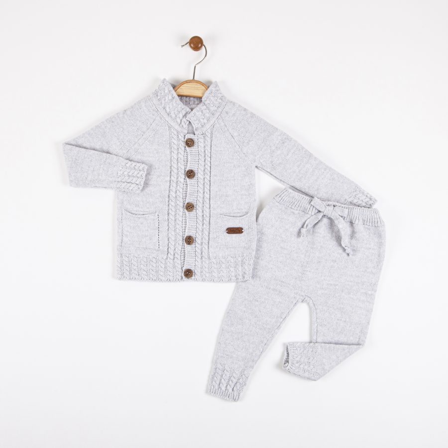 4062 GREY scaled Baby Boys Knitted Cable Knit Embossed Cardigan & Bottoms Set (1-3Y)