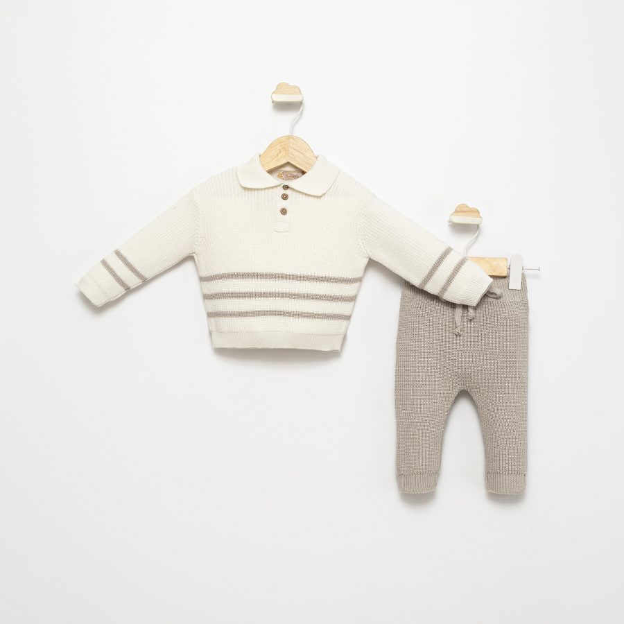 4124 beige scaled Baby Boys Two Piece Knitted Stripe Jumper & Bottoms Set (0-12M)