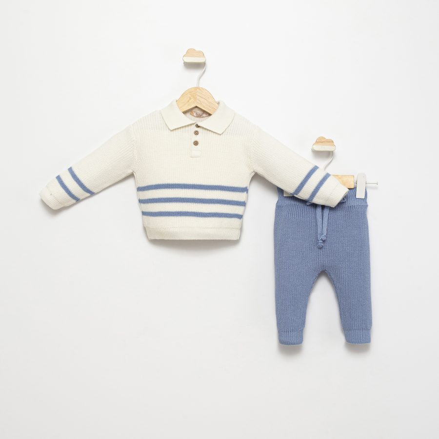 4124 blue scaled Baby Boys Two Piece Knitted Stripe Jumper & Bottoms Set (0-12M)