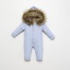 4125 blue Babies Knitted All in One Cable Knit Hooded Fur Lined Romper with Fur Trim (3-12M)