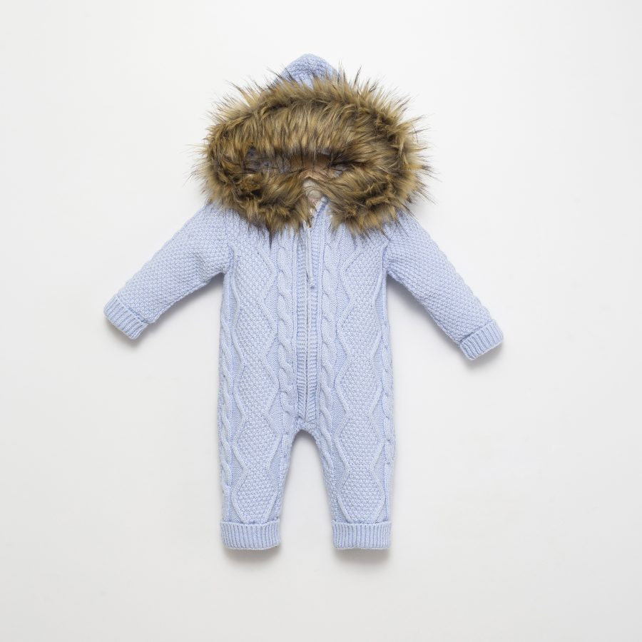4125 blue scaled Babies Knitted All in One Cable Knit Hooded Fur Lined Romper with Fur Trim (3-12M)