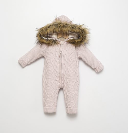 Babies Knitted All in One Cable Knit Hooded Fur Lined Romper with Fur Trim (3-12M)