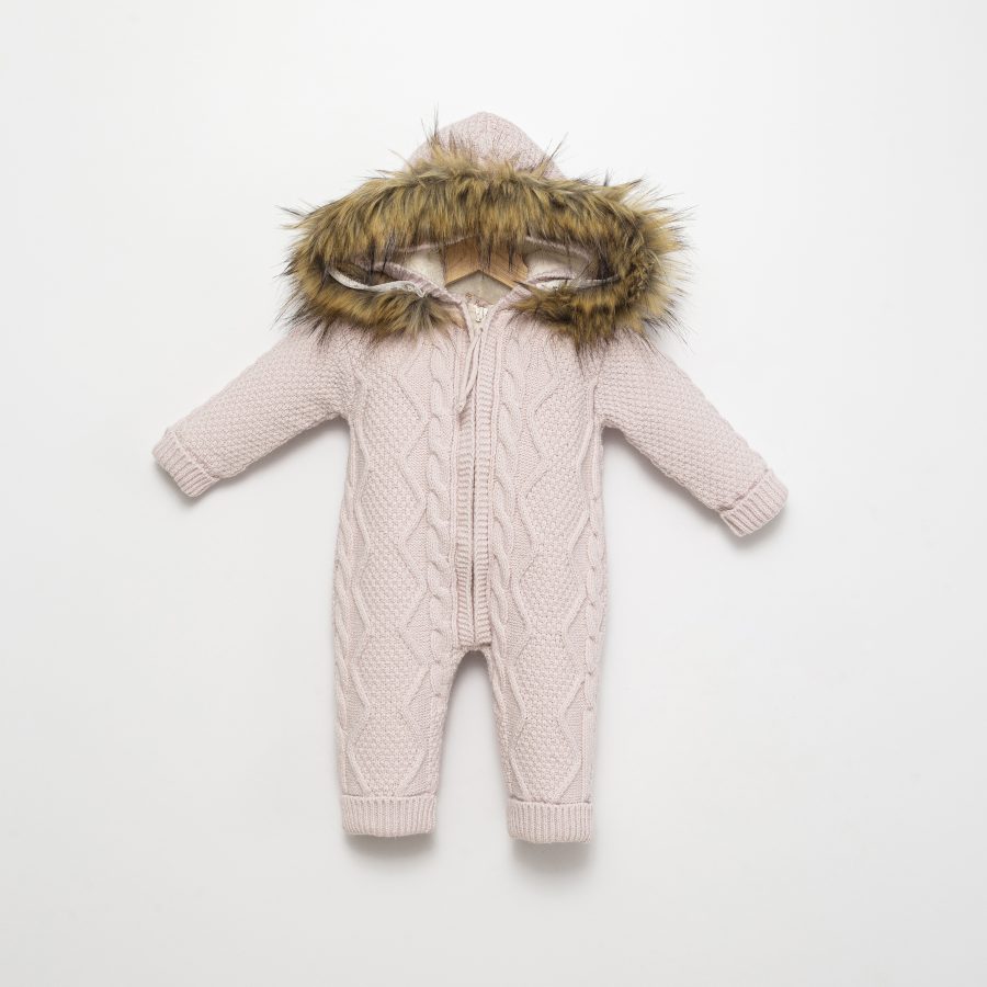 4125 pink scaled Babies Knitted All in One Cable Knit Hooded Fur Lined Romper with Fur Trim (3-12M)