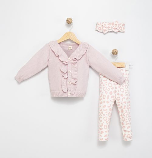 Baby Girls Frilly Knitted Cardigan & Leopard Print Legging Set with Headband (6-36M)