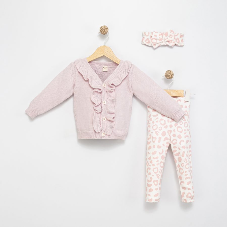 4132 baby pink scaled Baby Girls Frilly Knitted Cardigan & Leopard Print Legging Set with Headband (6-36M)