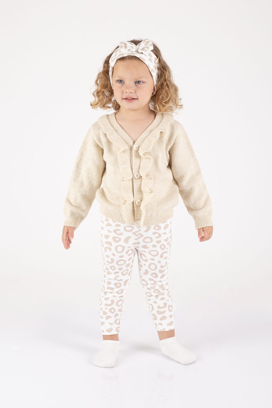 4132 beige scaled Baby Girls Frilly Knitted Cardigan & Leopard Print Legging Set with Headband (6-36M)