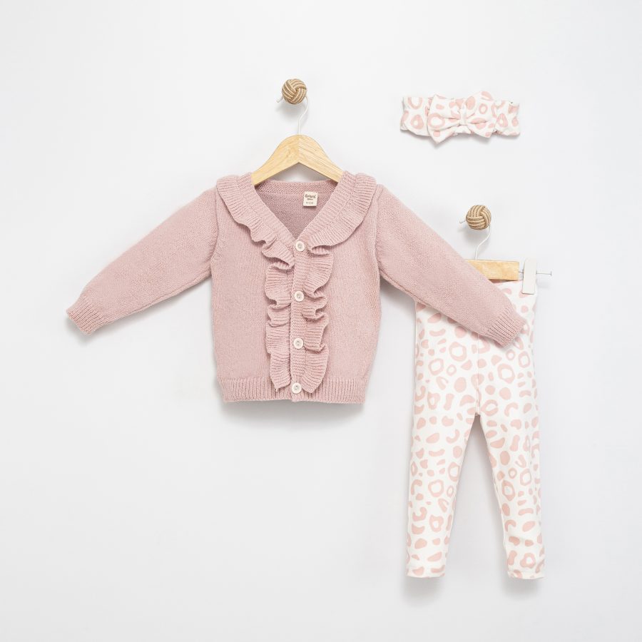 4132 rose scaled Baby Girls Frilly Knitted Cardigan & Leopard Print Legging Set with Headband (6-36M)