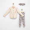 4134 beige Baby Girls Frilly Knitted Cardigan & Leopard Print Legging Set with Headband (6-36M)