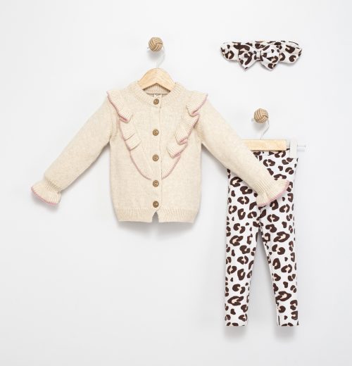 Baby Girls Frilly Knitted Cardigan & Leopard Print Legging Set with Headband (6-36M)