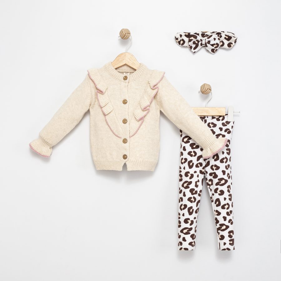4134 beige scaled Baby Girls Frilly Knitted Cardigan & Leopard Print Legging Set with Headband (6-36M)