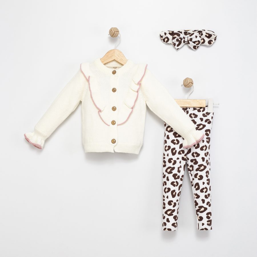 4134 cream scaled Baby Girls Frilly Knitted Cardigan & Leopard Print Legging Set with Headband (6-36M)
