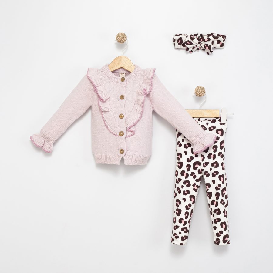 4134 pink scaled Baby Girls Frilly Knitted Cardigan & Leopard Print Legging Set with Headband (6-36M)