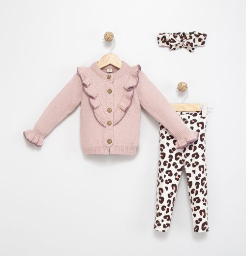 Baby Girls Frilly Knitted Cardigan & Leopard Print Legging Set with Headband (6-36M)