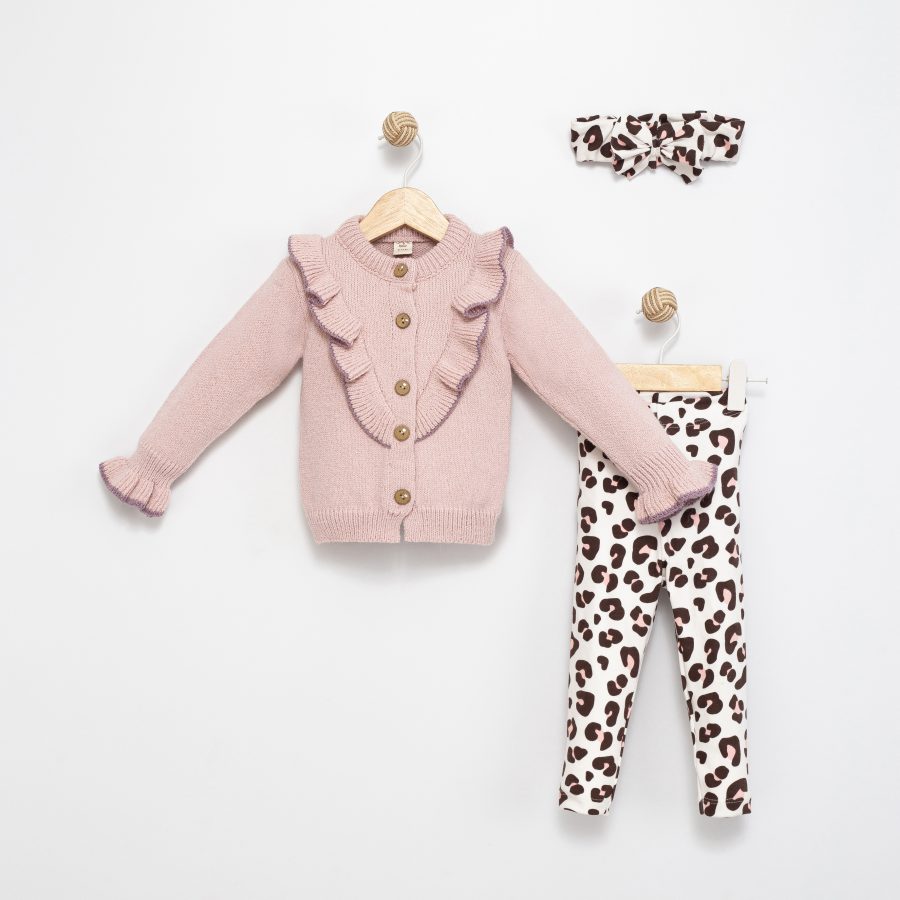 4134 rose scaled Baby Girls Frilly Knitted Cardigan & Leopard Print Legging Set with Headband (6-36M)