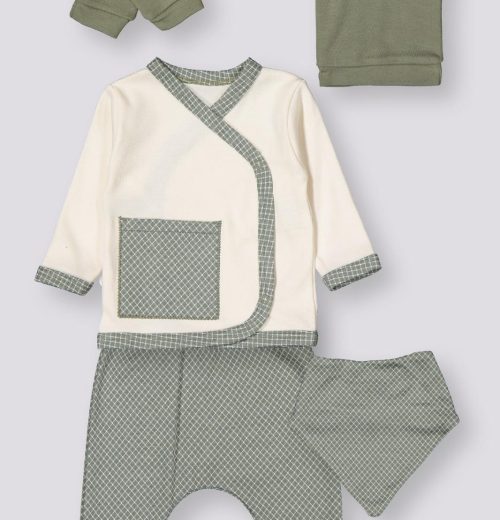 Baby Boys Check Five Piece Set with Mittens, Bib & Hat (0-6M)