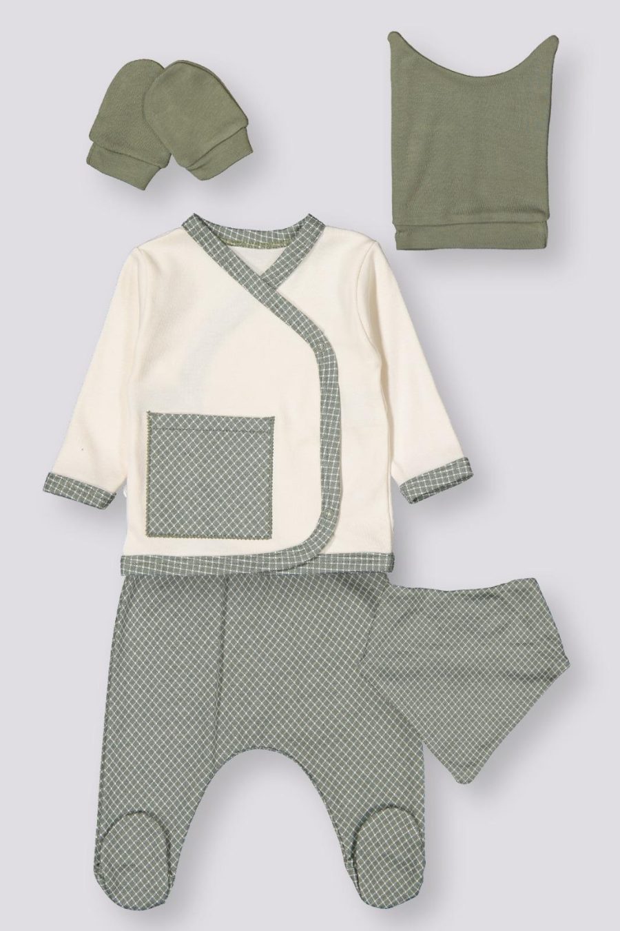 5223 green Baby Boys Check Five Piece Set with Mittens, Bib & Hat (0-6M)